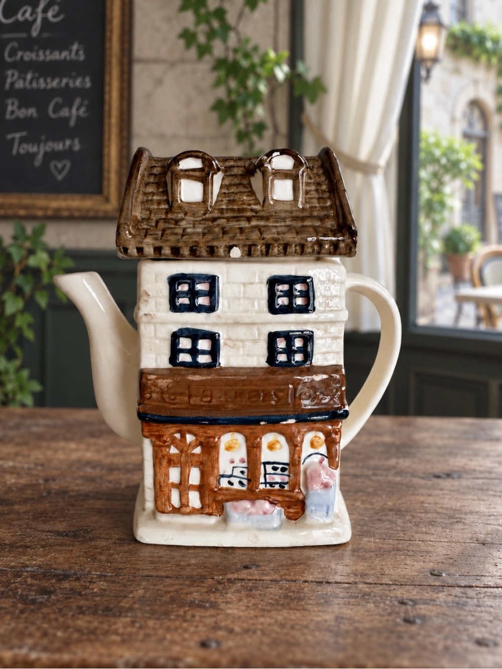 Vintage Ceramic Bakery Cottage Teapot - White & Brown Novelty Teapot